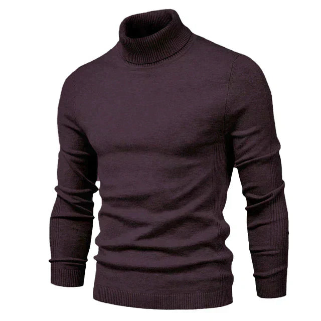 Front view of a long sleeve men's high neck sweater, emphasizing its warm and cozy design