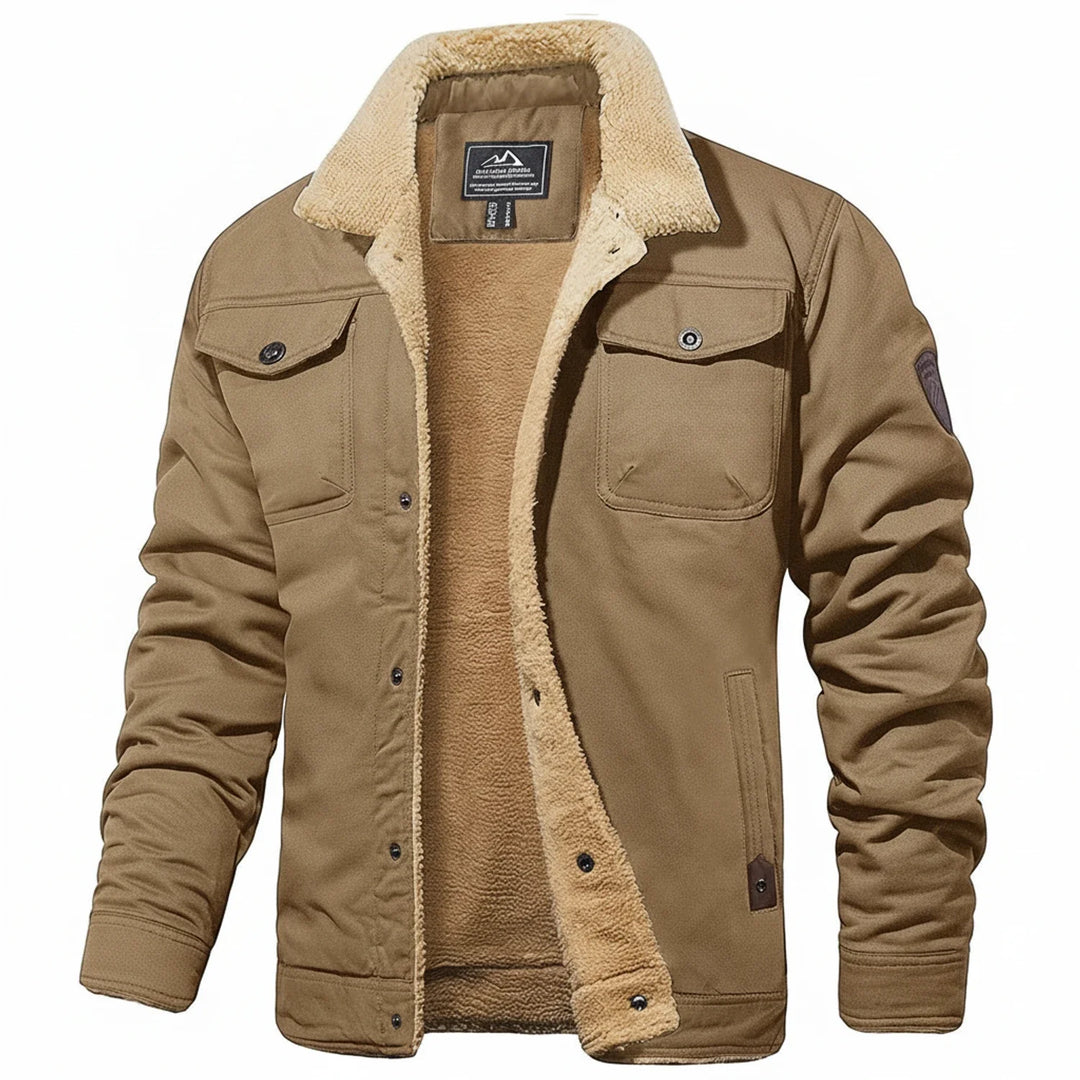 Cozy men's warm jacket featuring a plush Sherpa collar. Durable outerwear for chilly winter days.