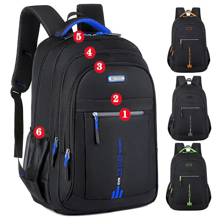 Men's travel school backpack, waterproof, versatile for daily commute & outdoor activities.