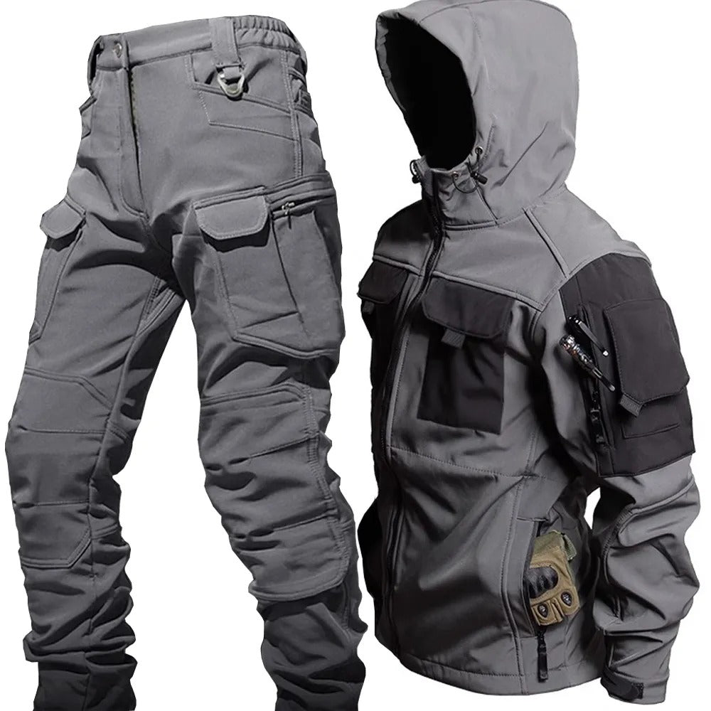 Men's waterproof dark green outdoor set with jacket & trousers. Ideal for hiking, trekking, and cold weather.