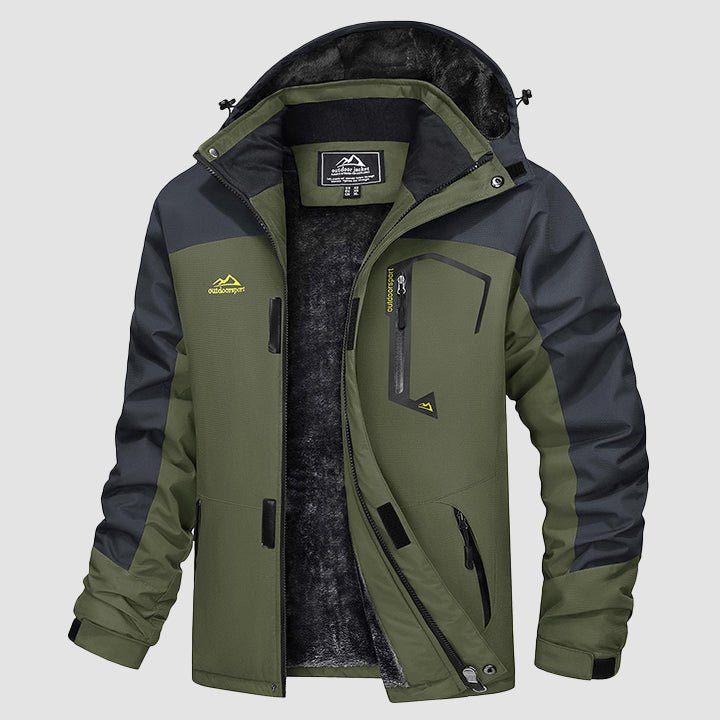 Inside view of black fleece-lined ski jacket, demonstrating insulation.