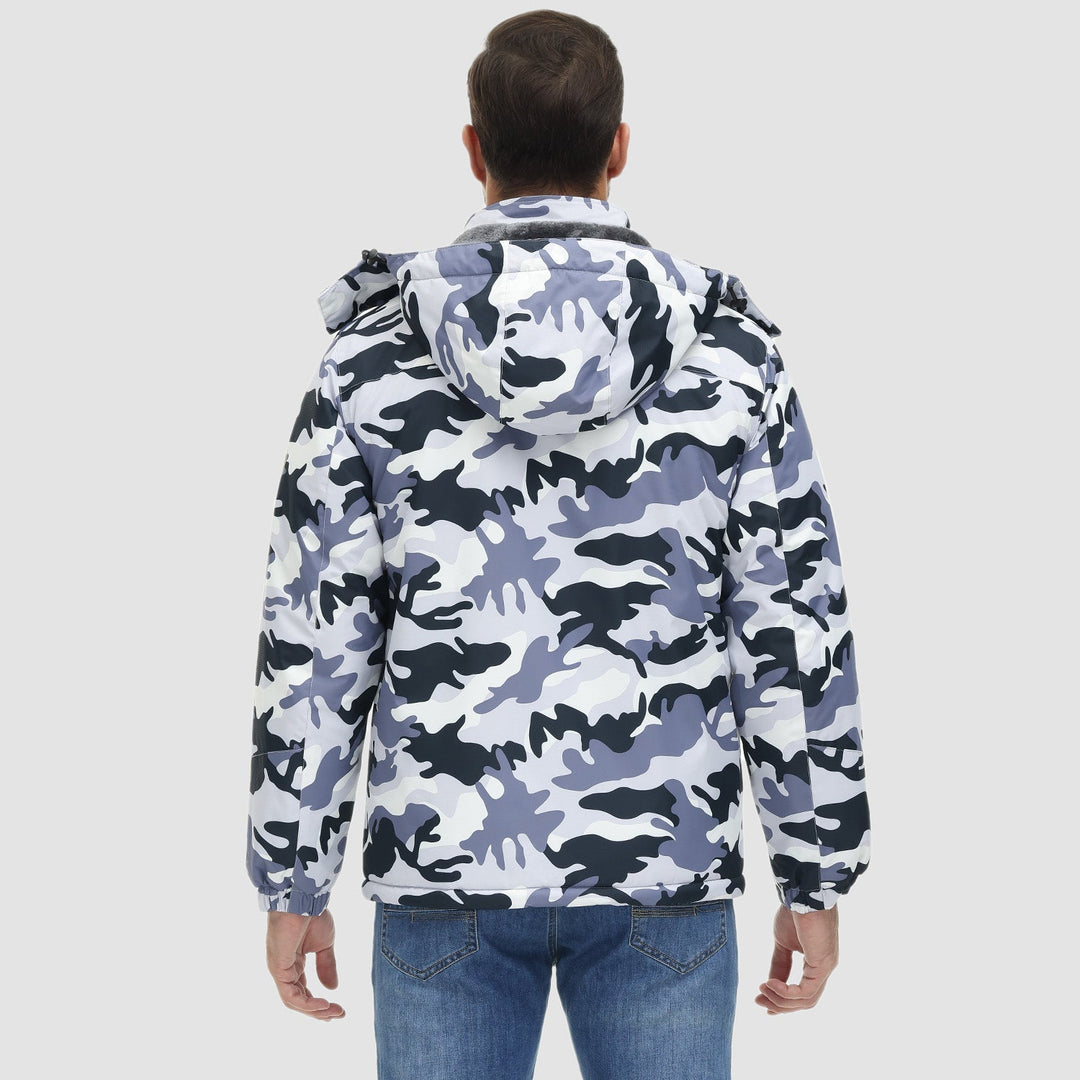Back of green men's outdoor jacket, highlighting functional design.