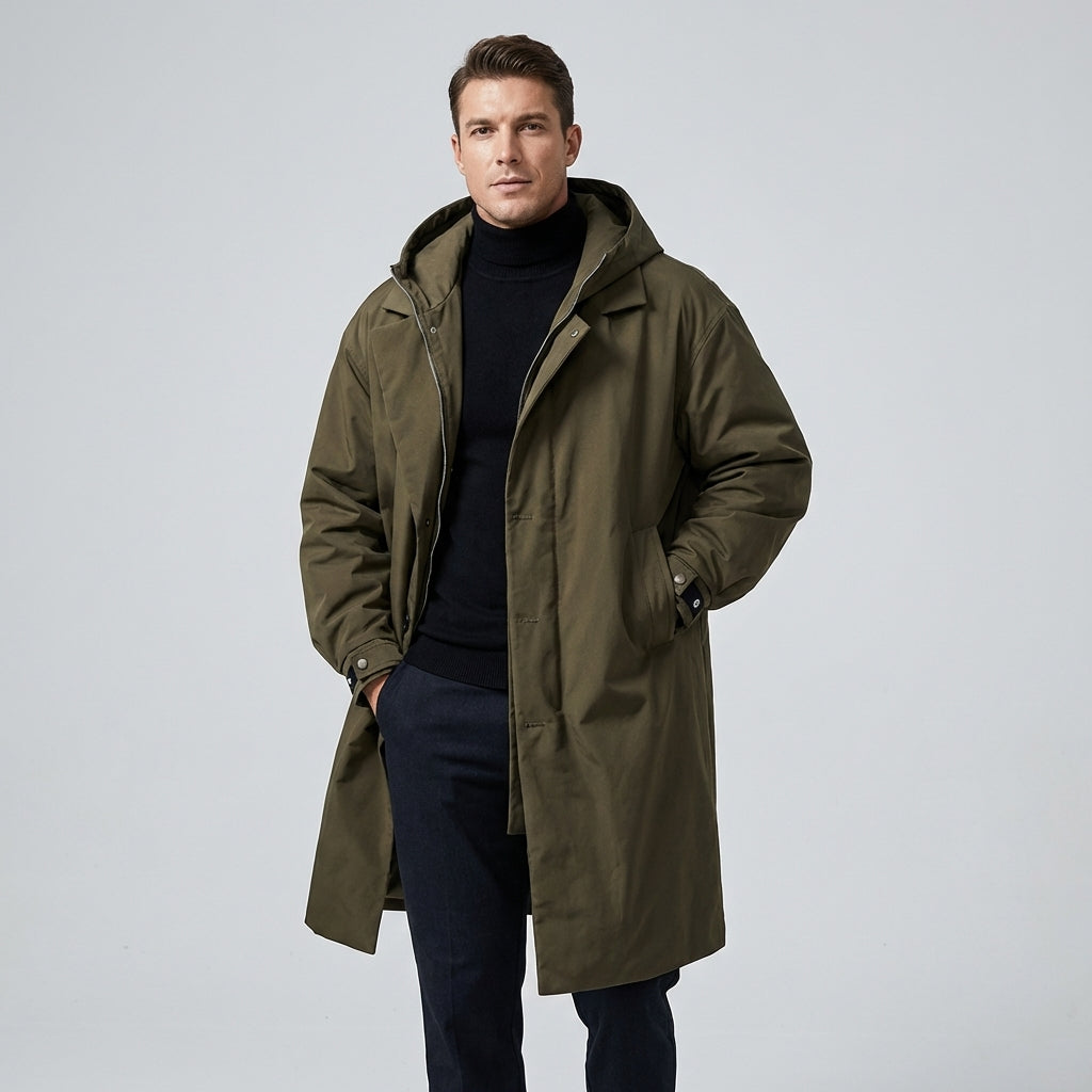 Men's waterproof raincoat with adjustable hood, lightweight design, & all-weather protection. Ideal for travel & daily use.