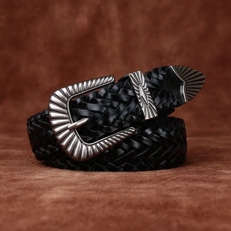 Men's fashion belt: brown braided full grain leather, adjustable for an authentic western look