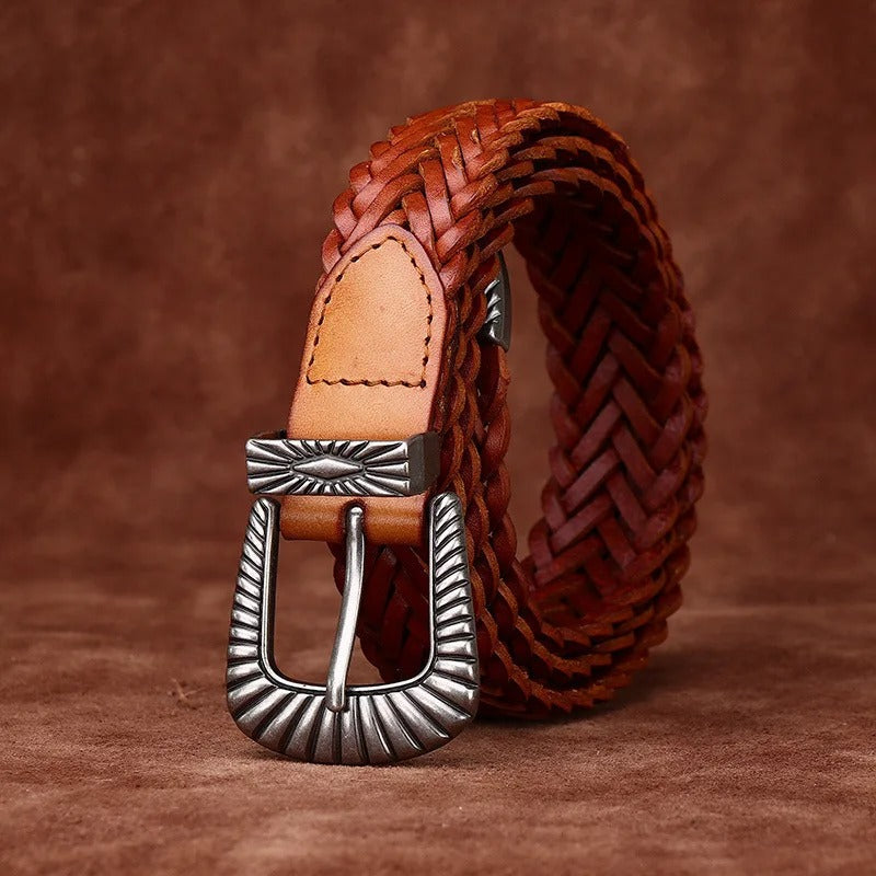 Close-up of a men's braided leather belt in black with western buckle, adjustable