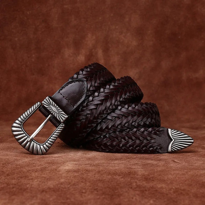 Men's adjustable dark brown braided leather belt, featuring a classic western style