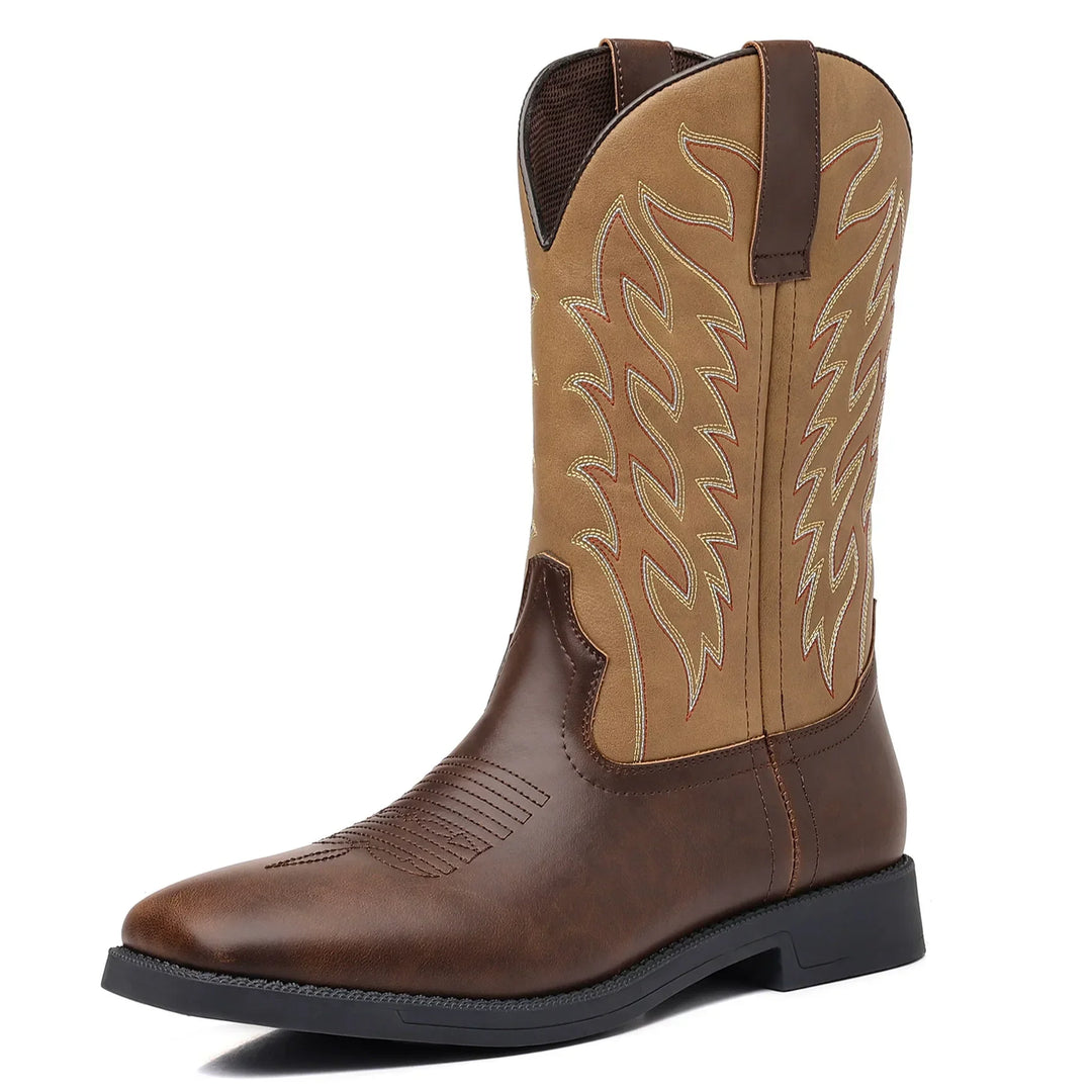 Pair of Men's rugged cowboy boots in Western style, high shaft, perfect for outdoor fashion