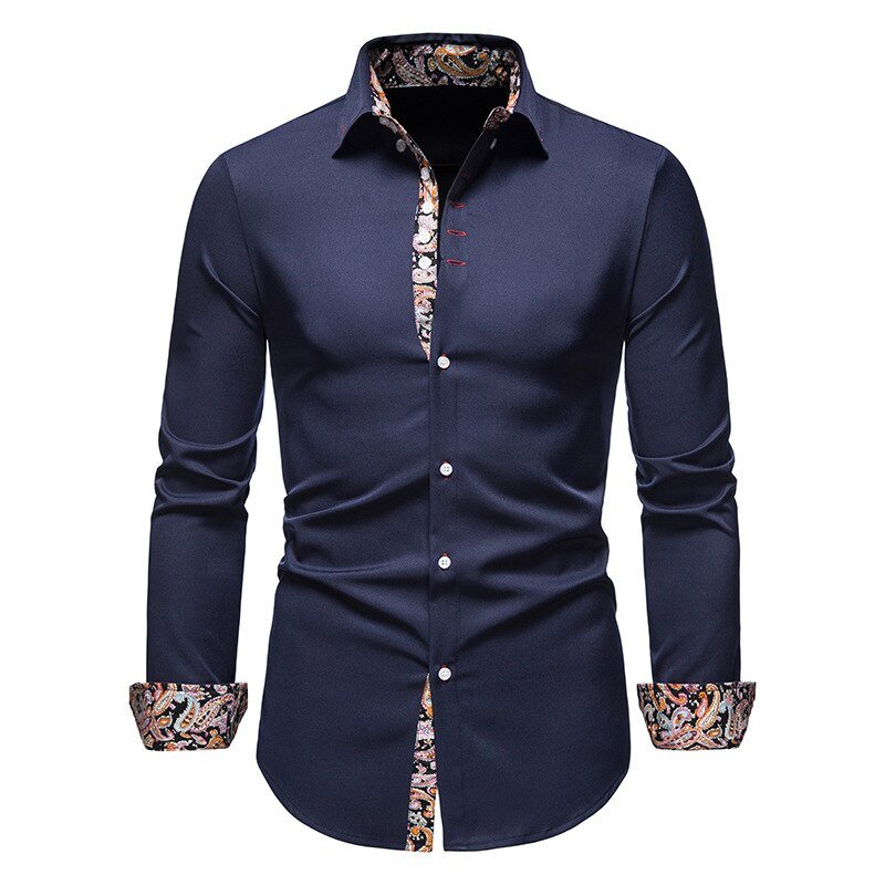 Elegant white dress shirt for men, showcasing unique floral cuff lining for a modern touch.