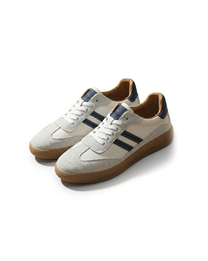 Men's white leather mesh trainer sneakers with gum sole, designed for everyday comfort and casual wear.