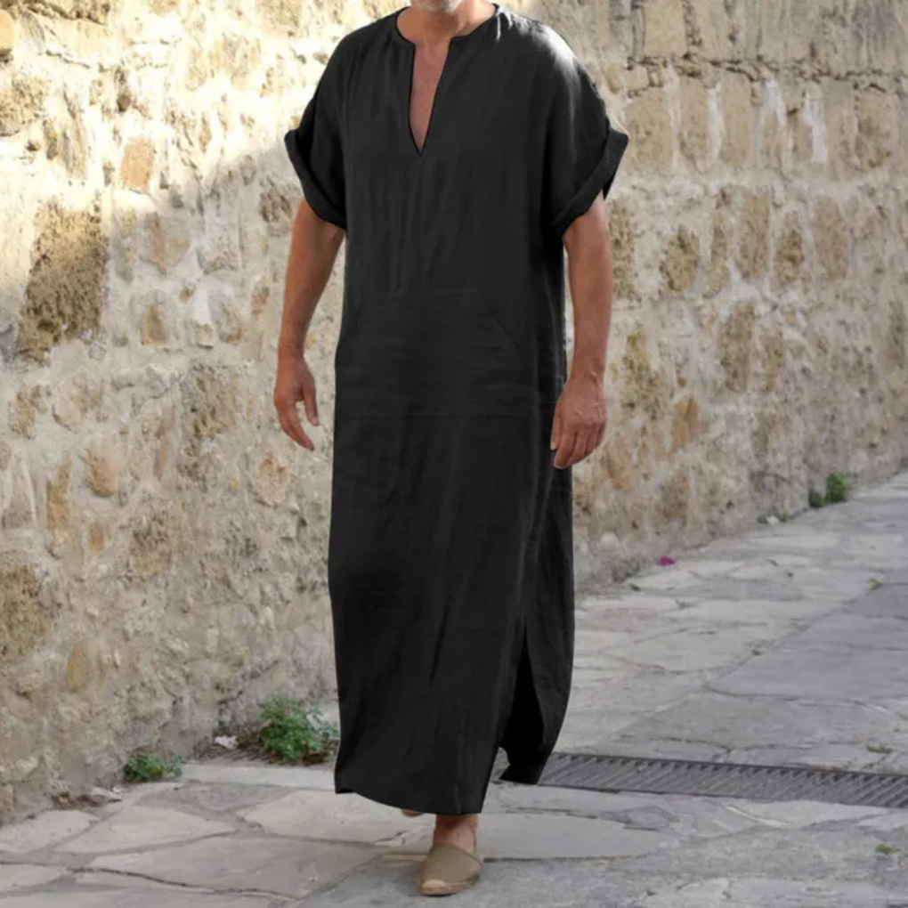 Men's white V-neck long sleeve djellaba robe. Loose fit, comfortable traditional ethnic wear for daily or religious use.