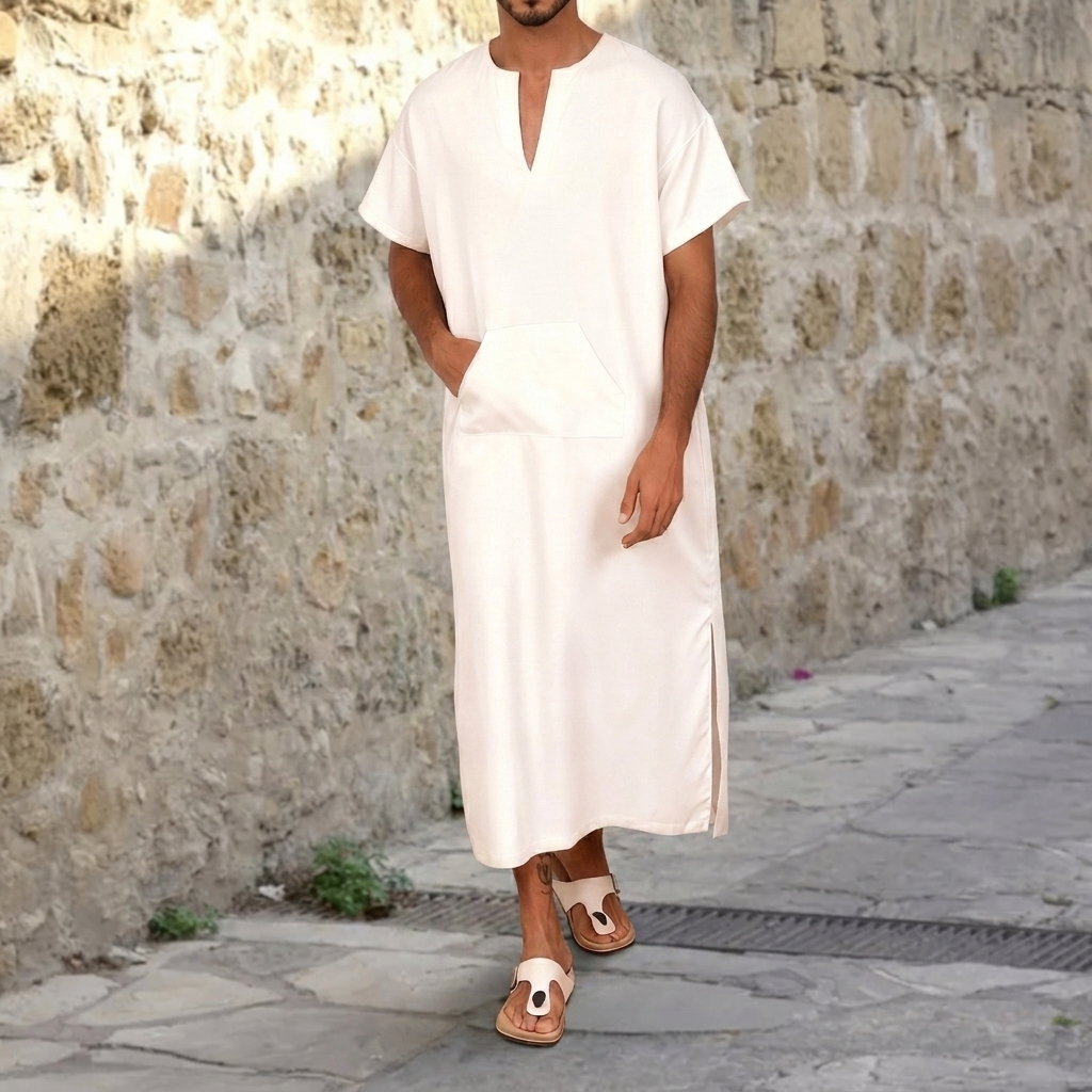 Black long sleeve men's djellaba. V-neck, comfortable modest loungewear, traditional ethnic robe for daily use.