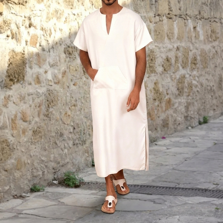 Black long sleeve men's djellaba. V-neck, comfortable modest loungewear, traditional ethnic robe for daily use.