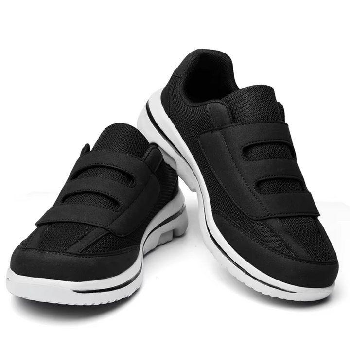 Durable, breathable upper of men's orthopedic slip-on shoes, offering wide fit & Velcro adjustable comfort.
