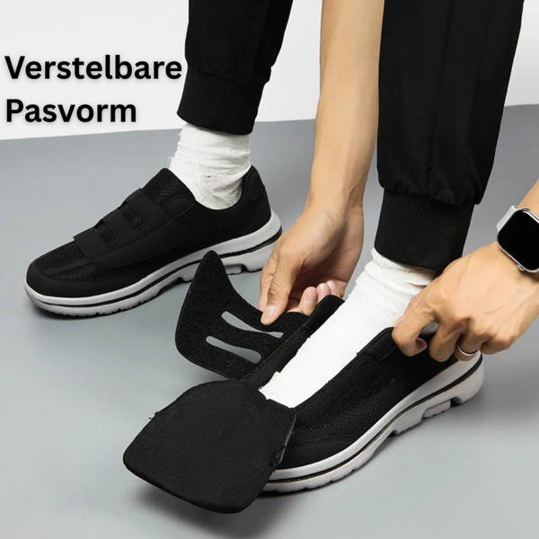 Side view of men's black wide fit orthopedic walking shoes, featuring easy adjustable Velcro closure.