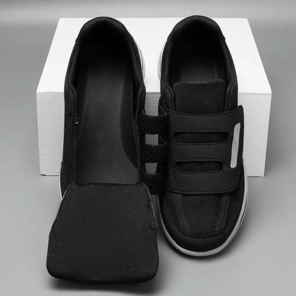 Top view of comfortable men's slip-on orthopedic shoes with wide fit and quick Velcro adjustability.