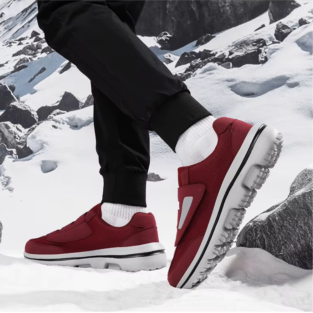 Close-up: Adjustable Velcro strap on men's wide fit orthopedic comfort shoes, ensuring a secure fit.