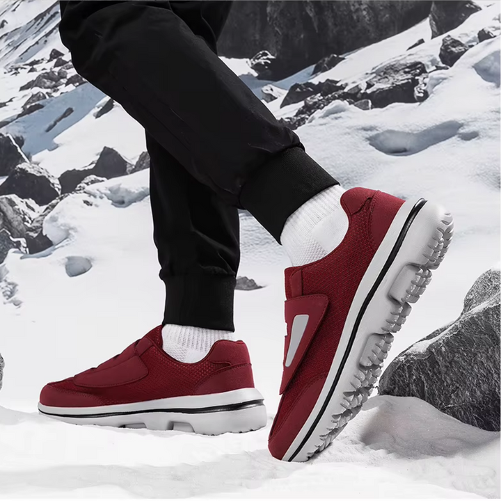 Close-up: Adjustable Velcro strap on men's wide fit orthopedic comfort shoes, ensuring a secure fit.