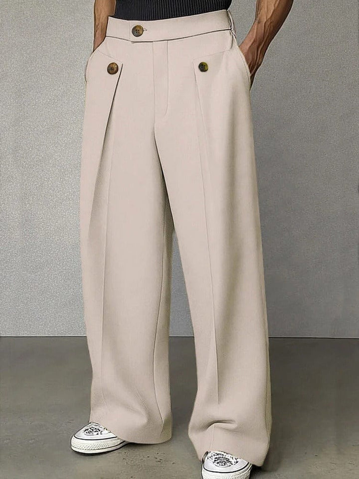 Khaki men's wide-leg trousers with a relaxed fit for ultimate comfort and modern style. Great for casual wear.