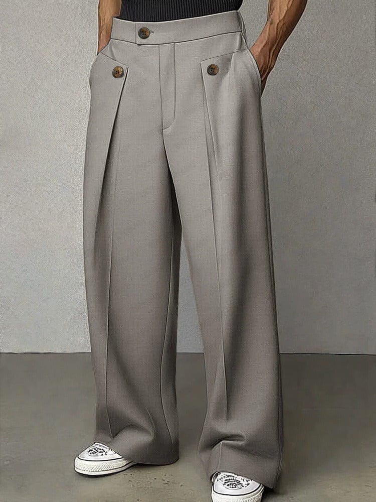Black men's flared wide-leg pants, offering a comfortable relaxed fit for sophisticated modern fashion.