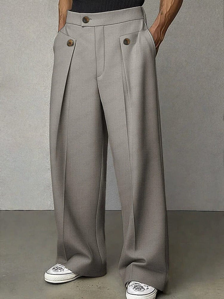 Black men's flared wide-leg pants, offering a comfortable relaxed fit for sophisticated modern fashion.