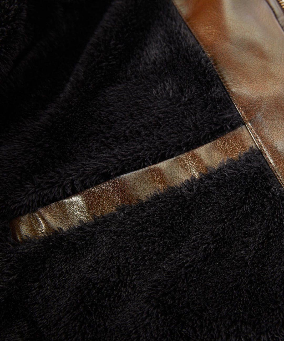 Full length image of mens winter aviator jacket, PU leather, worn open over a casual outfit, warm