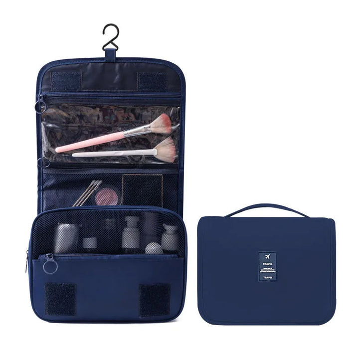 Durable polyester travel toiletry bag with 6 compartments, great for men's & women's essentials.