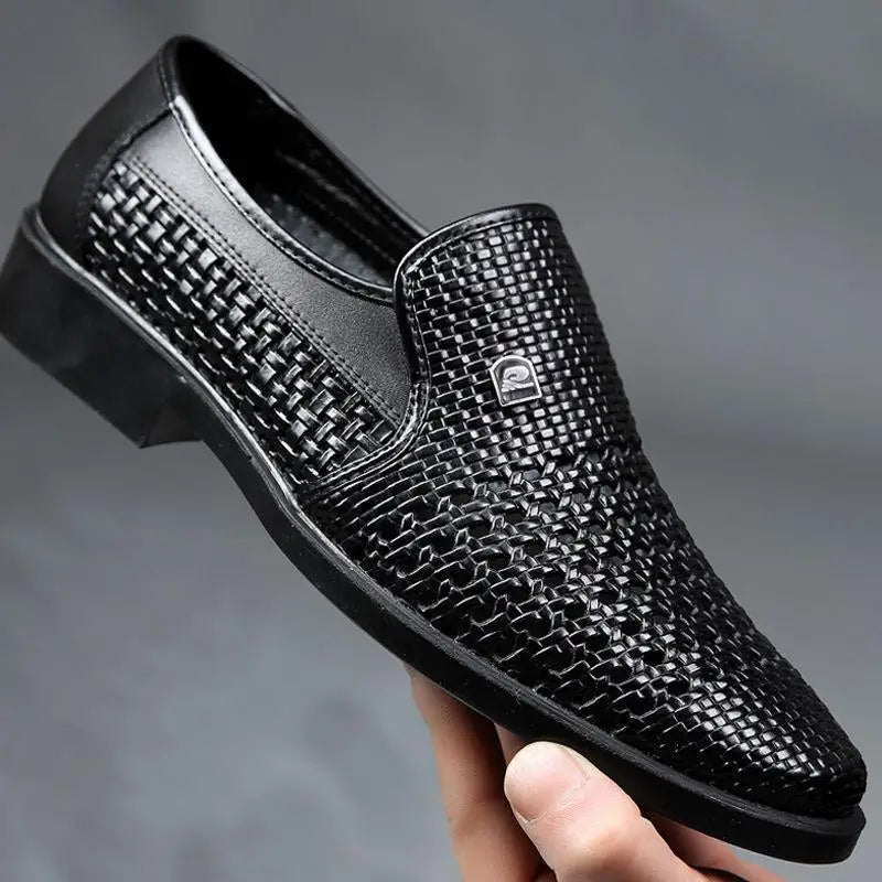 Stylish men's woven leather loafers, ideal as comfortable dress shoes or versatile casual footwear.