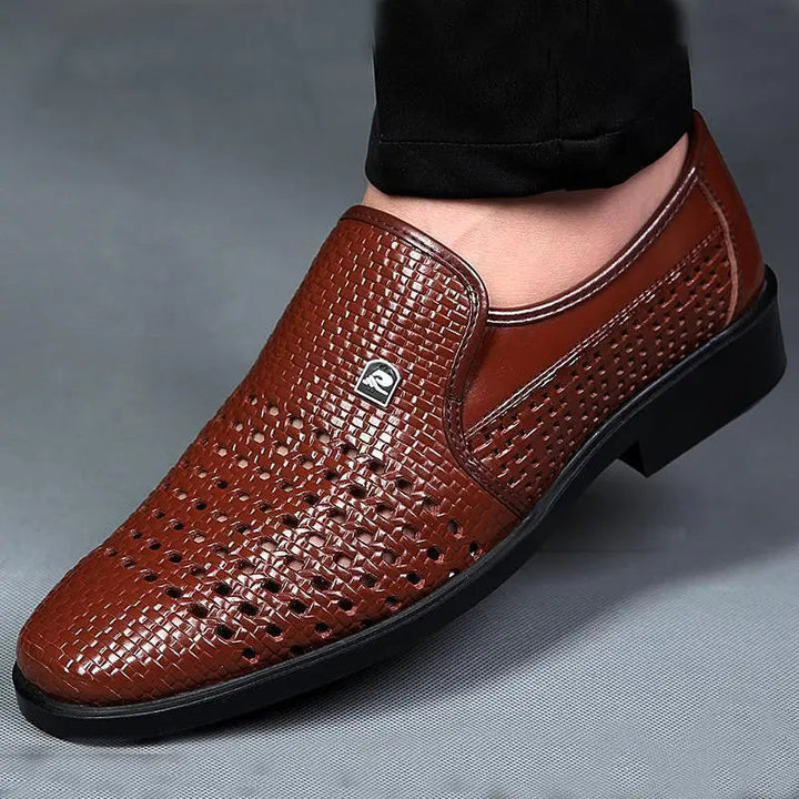 Brown men's woven leather loafers, a sophisticated choice for formal occasions & everyday fashion.