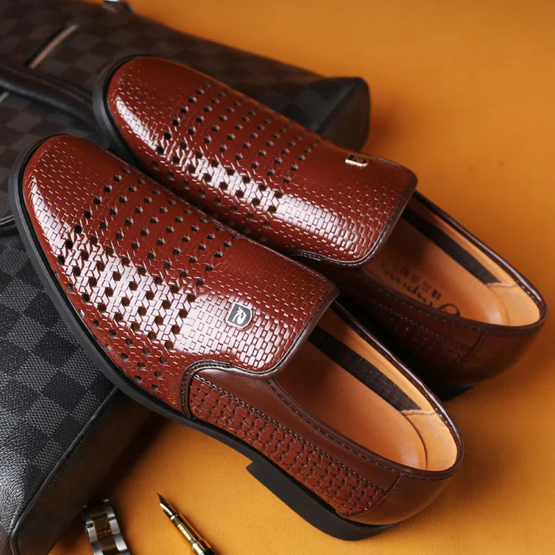 Men's leather loafers with a distinct woven finish, providing breathable and comfortable footwear.