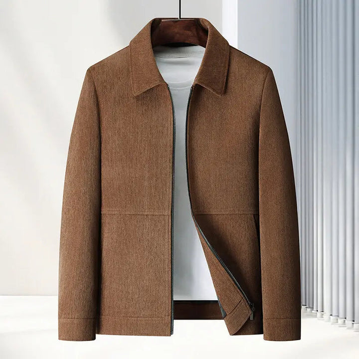 Front view of men's fashionable textured outerwear, a versatile woven zip-up jacket.