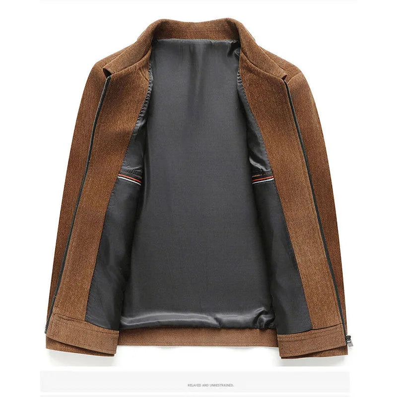 Side profile of a men's stylish midweight jacket, featuring a distinctive woven textured fabric.