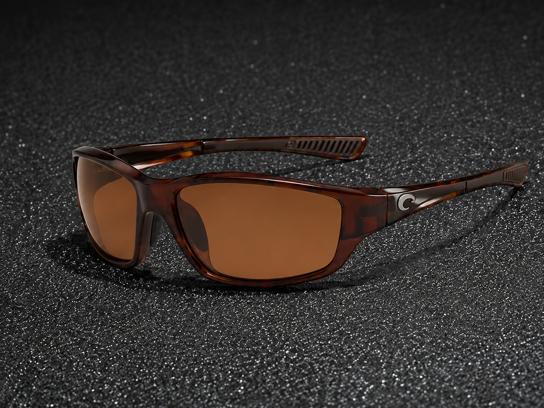 Men's wraparound sport shades with polarized mirror lenses, offering UV protection for active outdoor wear.