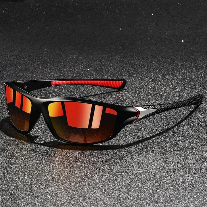 Stylish men's wraparound sport sunglasses, polarized mirror lenses for active lifestyles & UV protection.