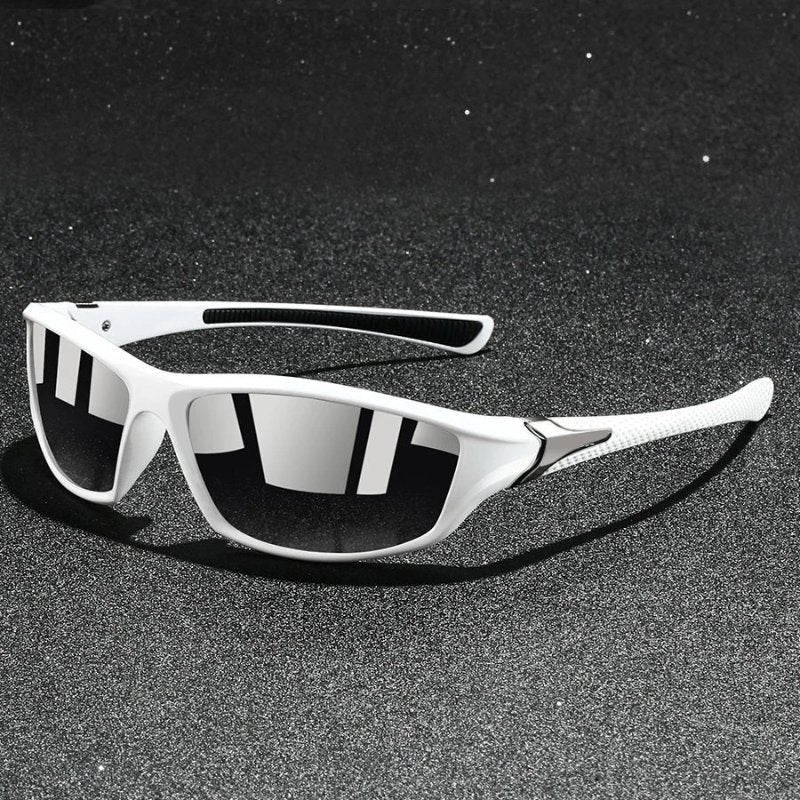 Men's wraparound sport sunglasses, polarized mirror lenses, UV protection, ideal for athletic outdoor use.
