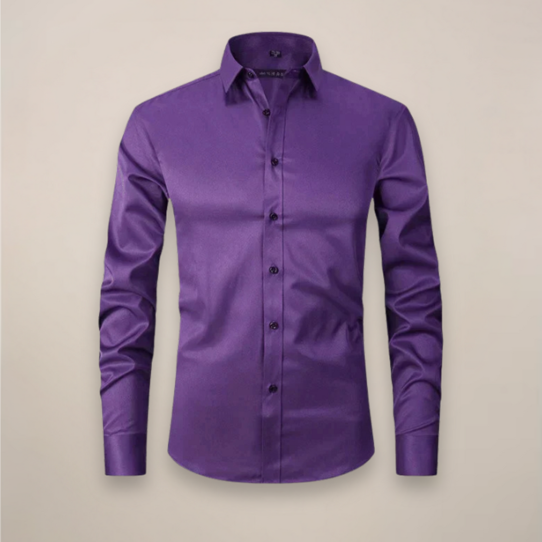 Man wearing a crisp, wrinkle-free long-sleeve shirt, exuding confidence & style.