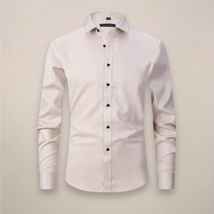 Men's wrinkle-free long-sleeve shirt paired with business slacks for a complete look.