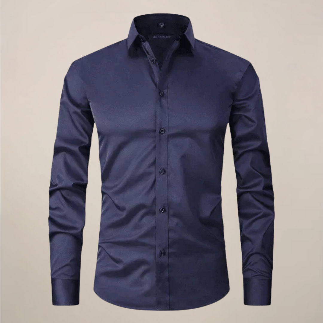 Stylish navy men's long-sleeve button-up, wrinkle-free for business or casual outfits.