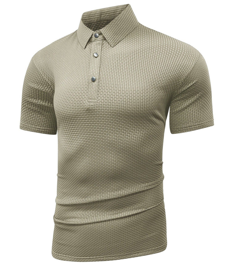 Man wearing a comfortable wrinkle-free performance polo, showcasing its casual and semi-formal versatility