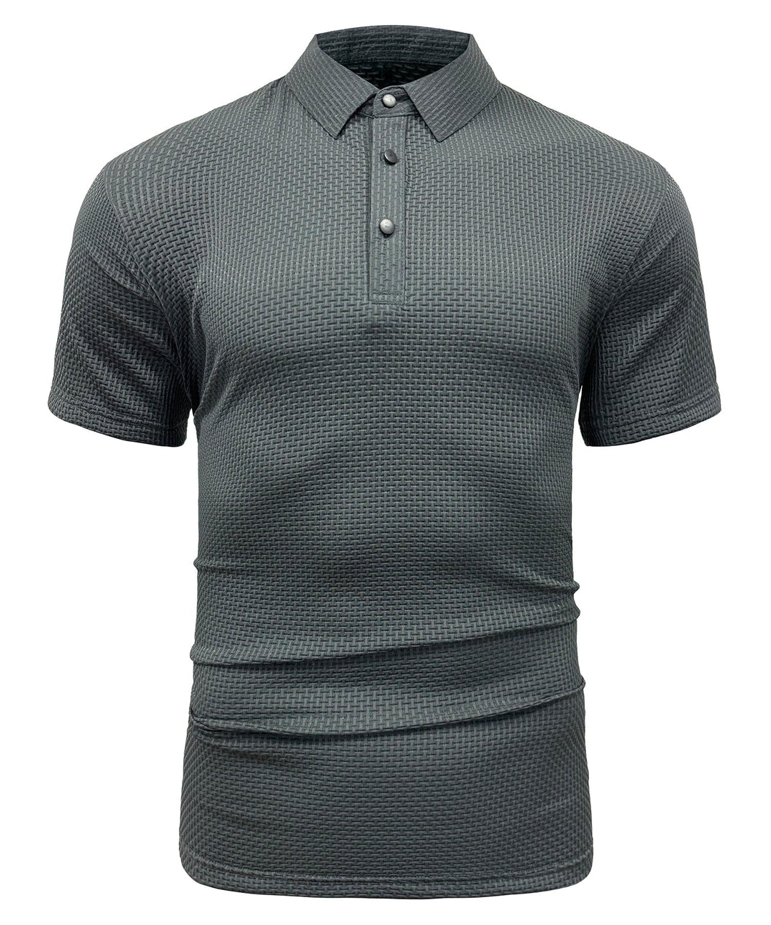 Detailed view of the collar and three-button placket on a men's tailored fit wrinkle-free polo shirt
