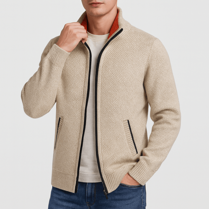 Men's zip collar cardigan in a refined knit. Perfect for a versatile, smart casual layered look or everyday wear.