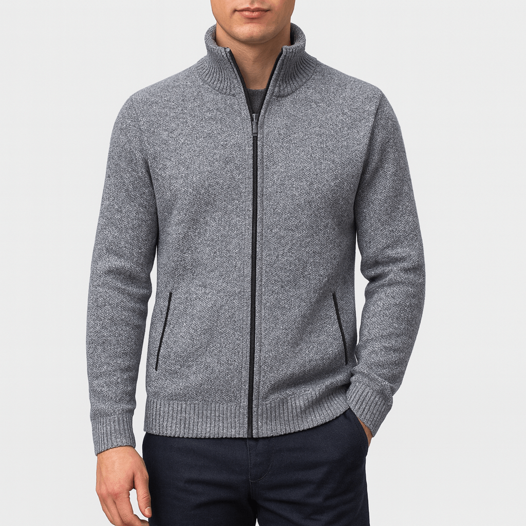 Comfortable men's zip collar cardigan, ideal for fall & winter. Smart casual outerwear for a refined, modern look.