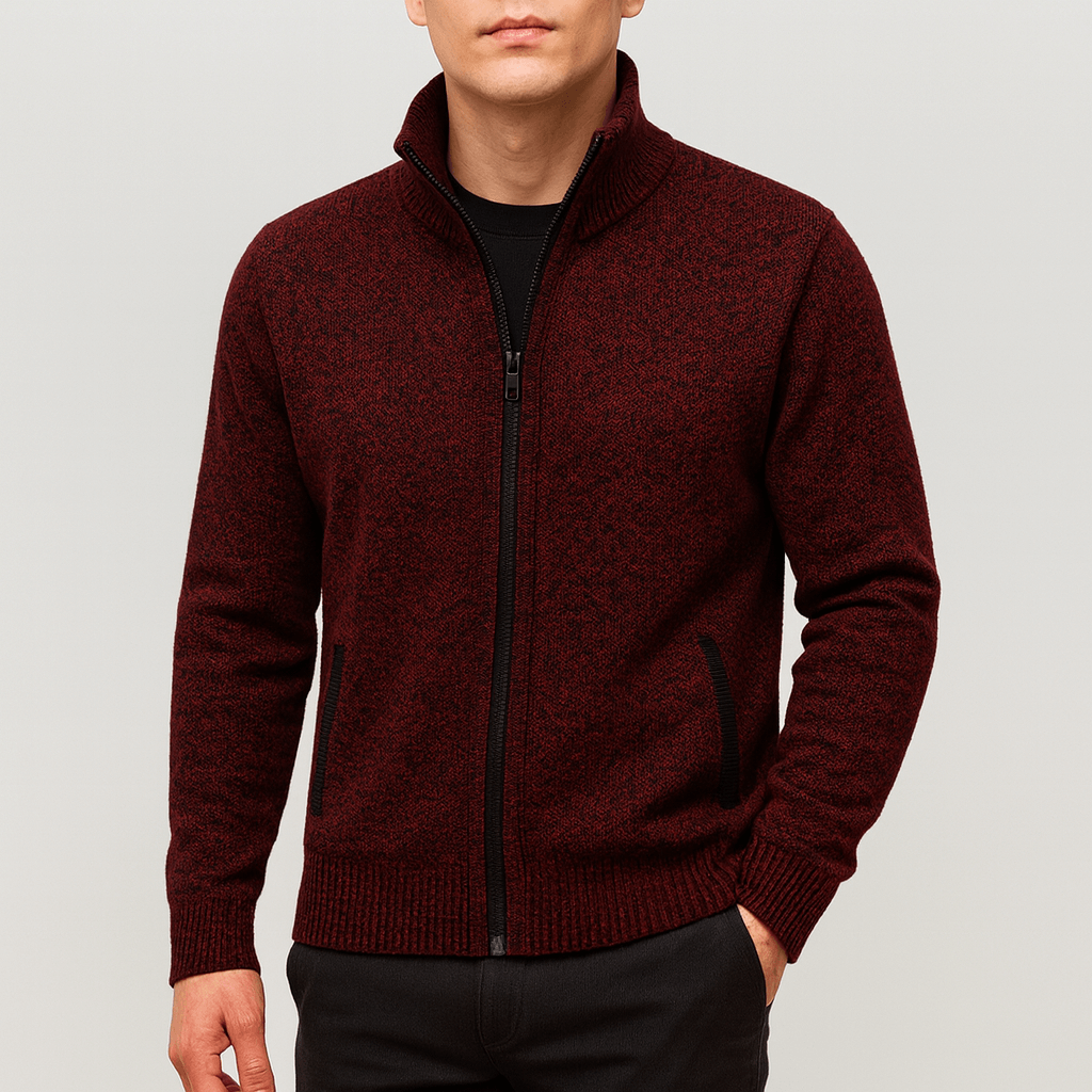Stylish men's zip collar cardigan, perfect for a refined layered look. Versatile smart casual men's fashion.