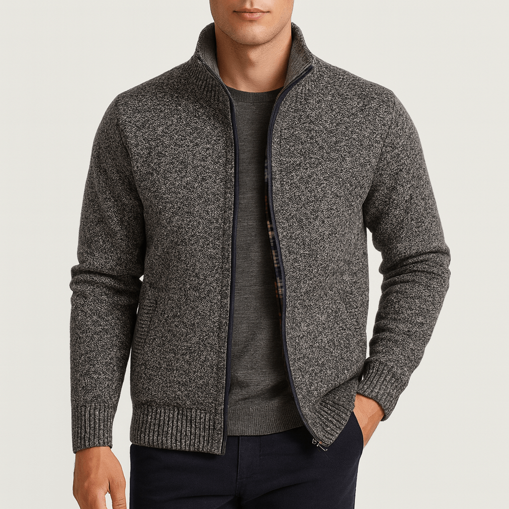 Refined men's zip collar cardigan for a versatile, comfortable style. Essential smart casual outerwear for men.