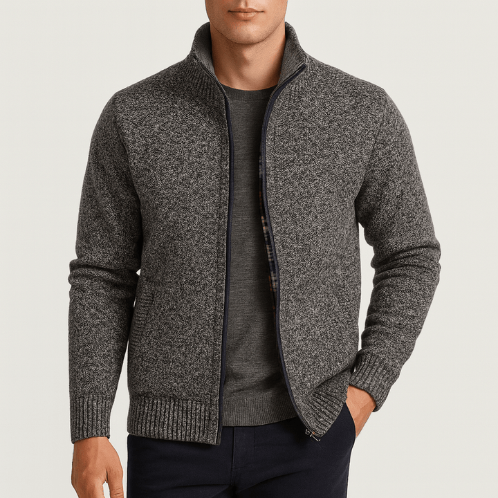 Refined men's zip collar cardigan for a versatile, comfortable style. Essential smart casual outerwear for men.