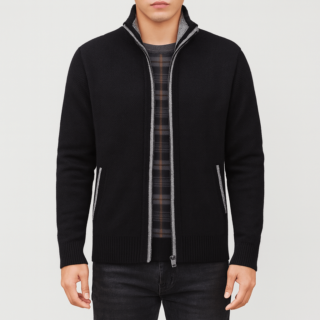Men's zip collar cardigan showcasing a refined, versatile design. Ideal smart casual wear for modern men's fashion.
