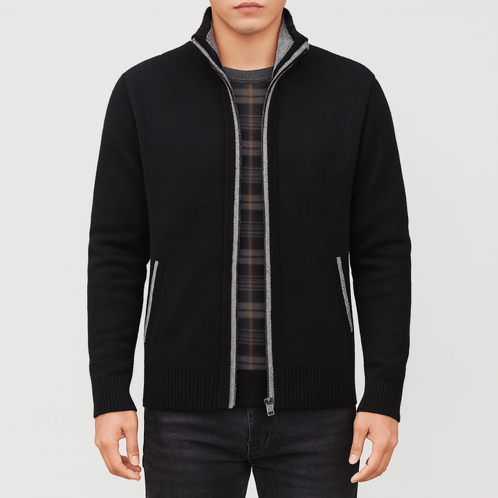Men's zip collar cardigan showcasing a refined, versatile design. Ideal smart casual wear for modern men's fashion.