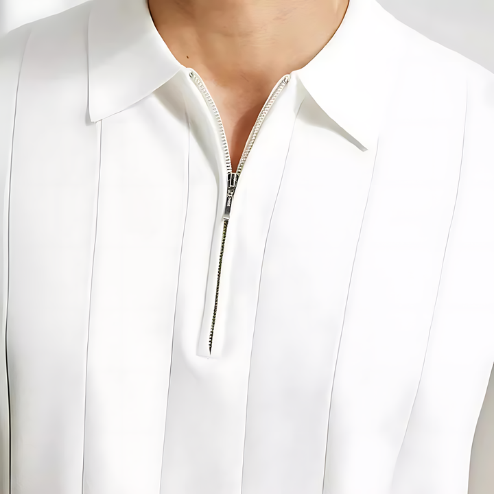 Fitted men's ribbed polo shirt, featuring a contemporary zip-neck and short sleeves for comfort & style.