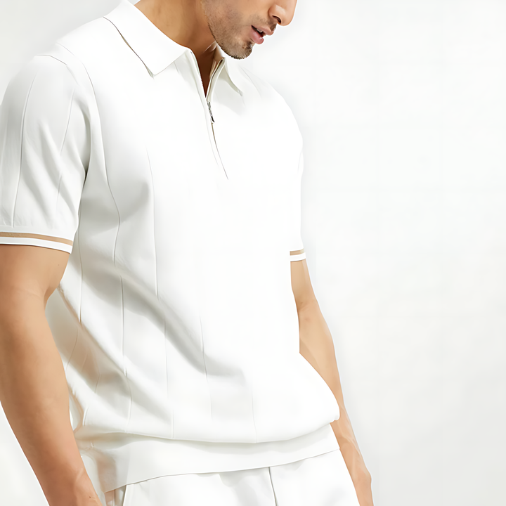 Short-sleeve men's polo with a sleek zip-neck and textured ribbed fit, perfect for everyday fashion.