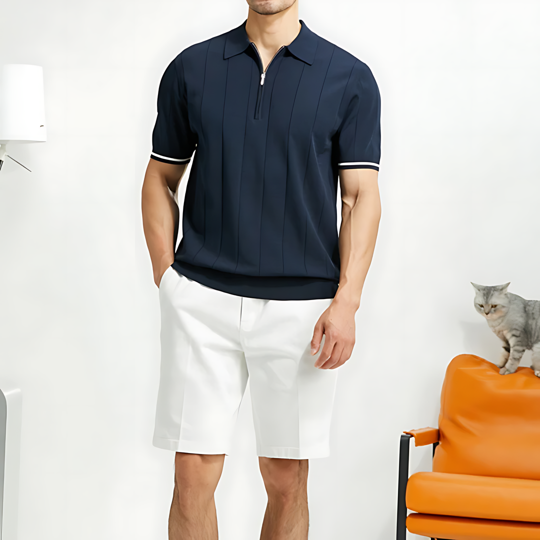 Classic men's polo shirt updated with a zip-neck and ribbed fit, offering a smart short-sleeve option.