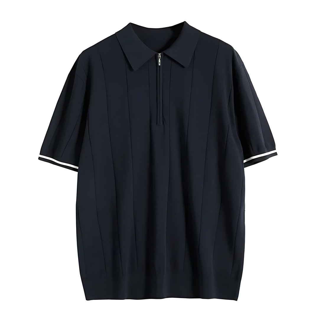 Men's zip-neck short-sleeve polo shirt with a stylish ribbed fit for a comfortable, versatile look.